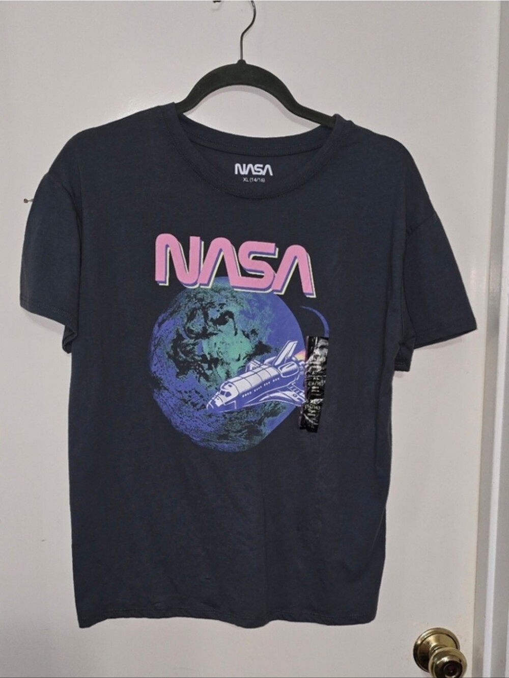 NASA Graphic Tee with Space Shuttle and Earth - Navy with Pink & Green Print